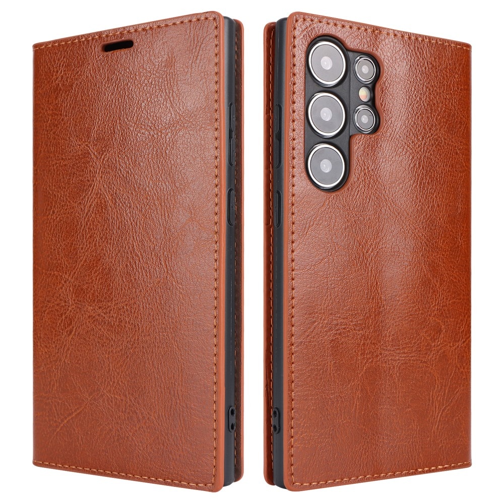 Coque portefeuille en cuir Veritable Samsung Galaxy S25 Ultra, Marron