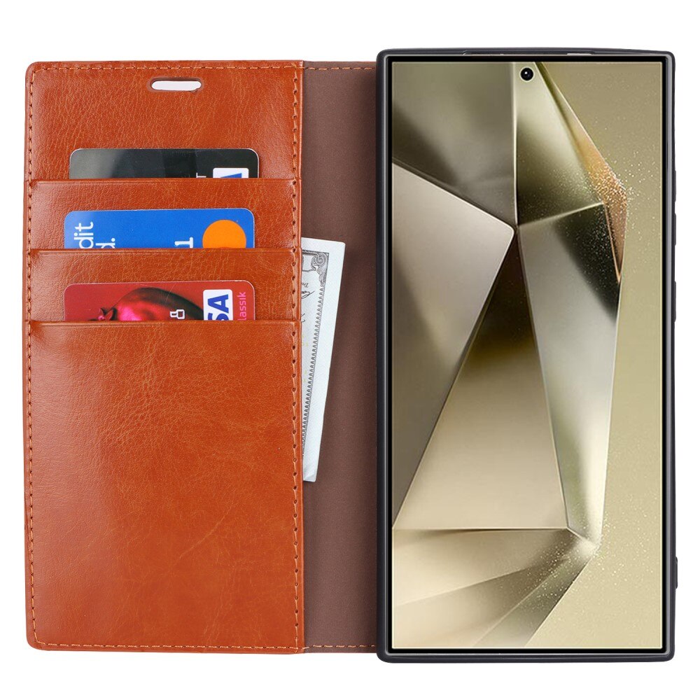 Coque portefeuille en cuir Veritable Samsung Galaxy S25 Ultra, Marron