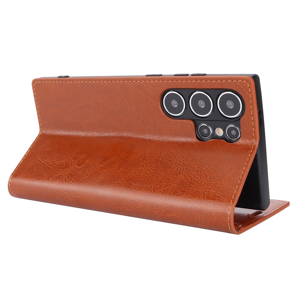 Coque portefeuille en cuir Veritable Samsung Galaxy S25 Ultra, Marron