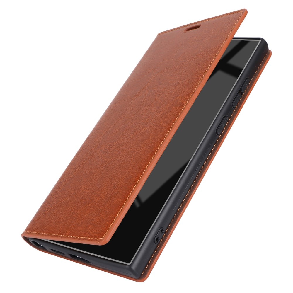 Coque portefeuille en cuir Veritable Samsung Galaxy S24 Ultra, marron