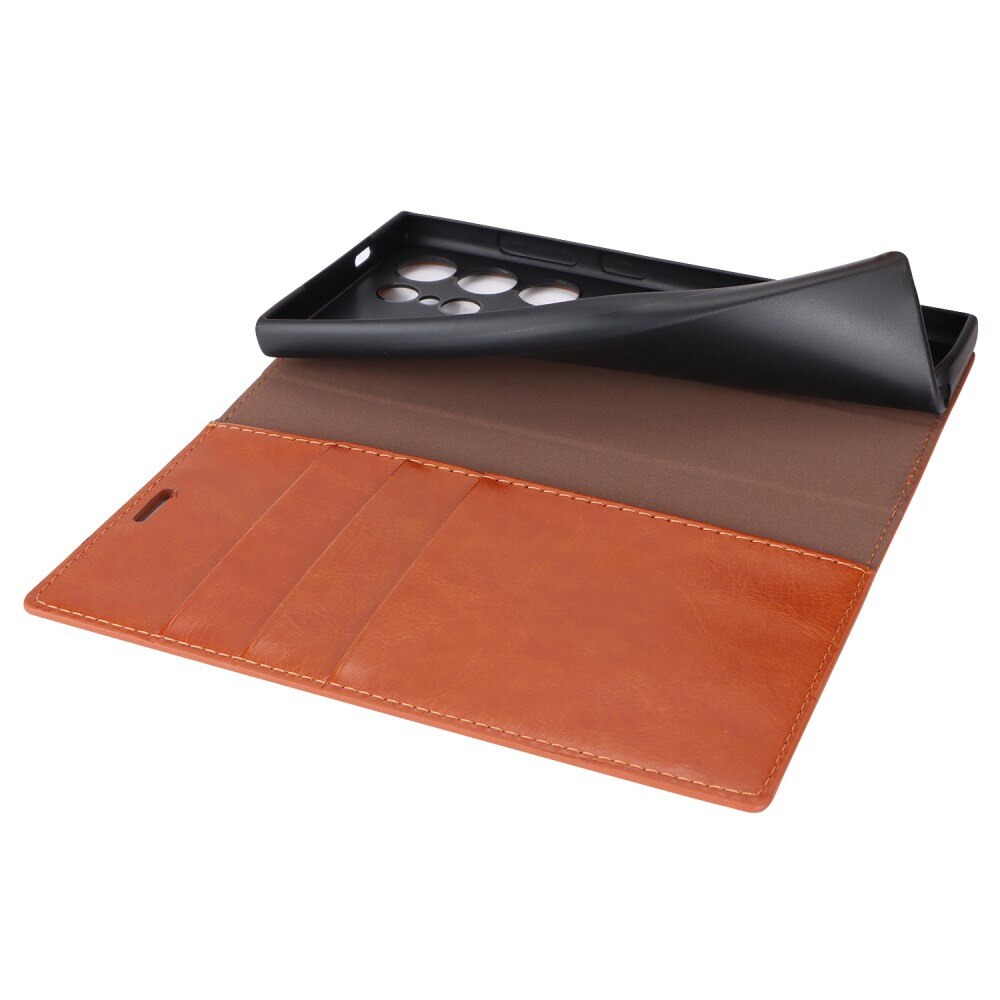 Coque portefeuille en cuir Veritable Samsung Galaxy S24 Ultra, Marron