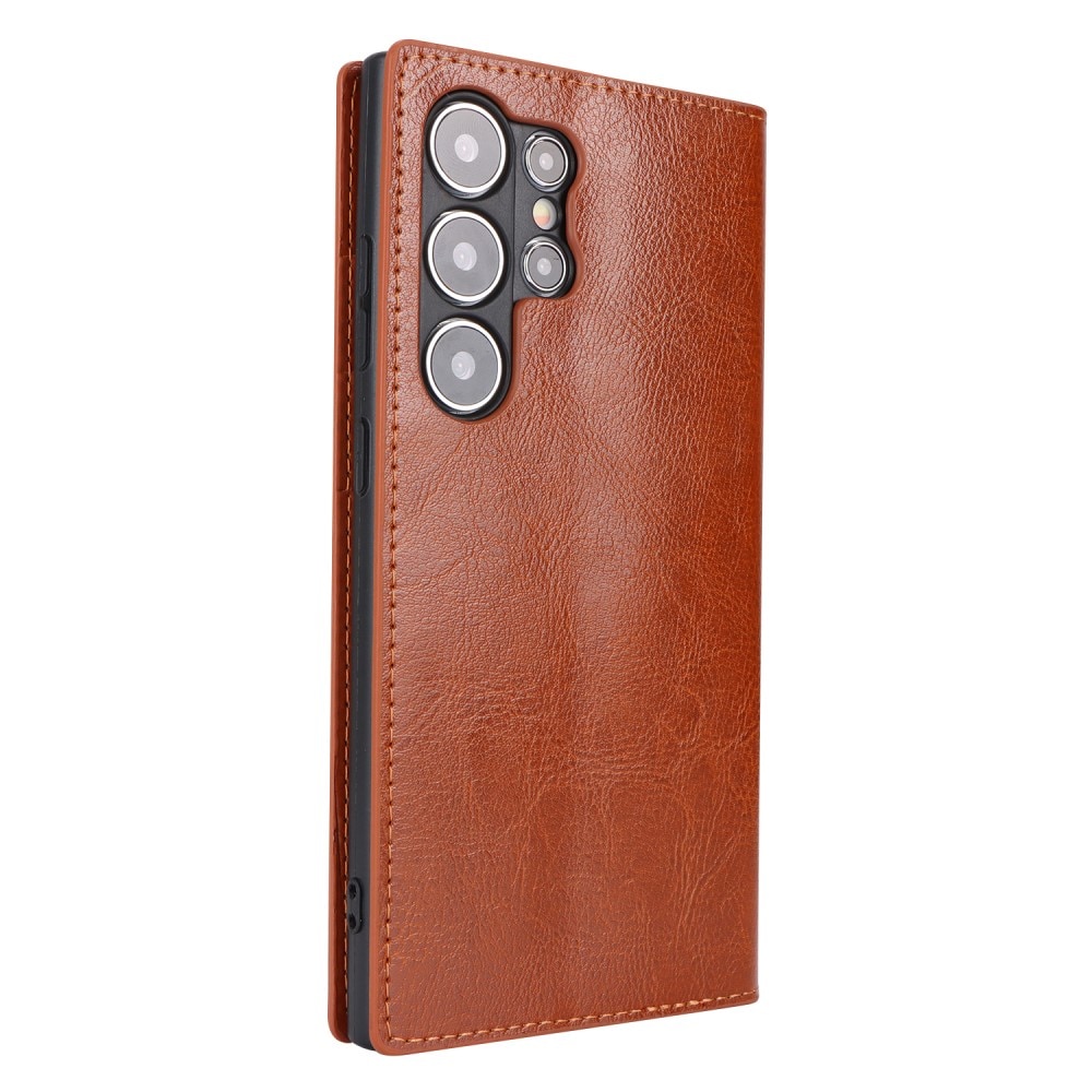 Coque portefeuille en cuir Veritable Samsung Galaxy S24 Ultra, Marron