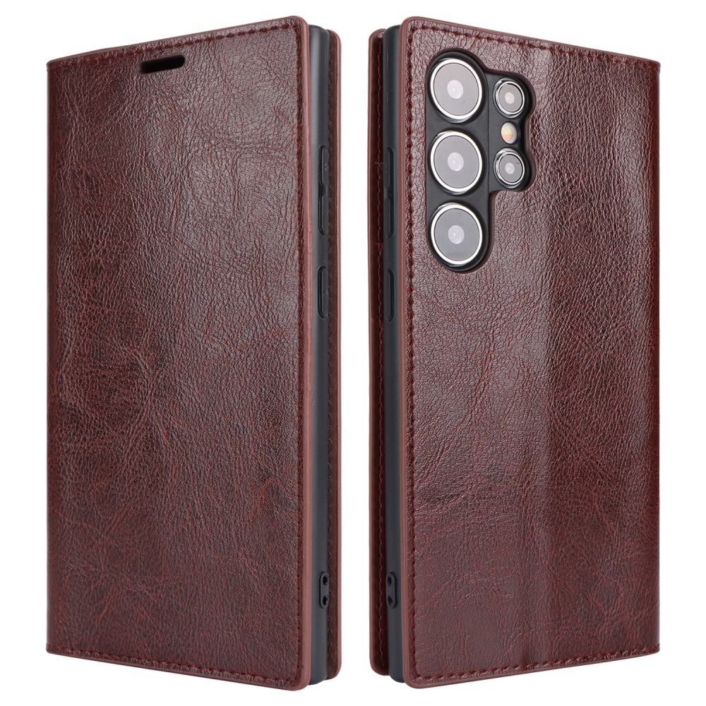 Coque portefeuille en cuir Veritable Samsung Galaxy S25 Ultra, Marron foncé