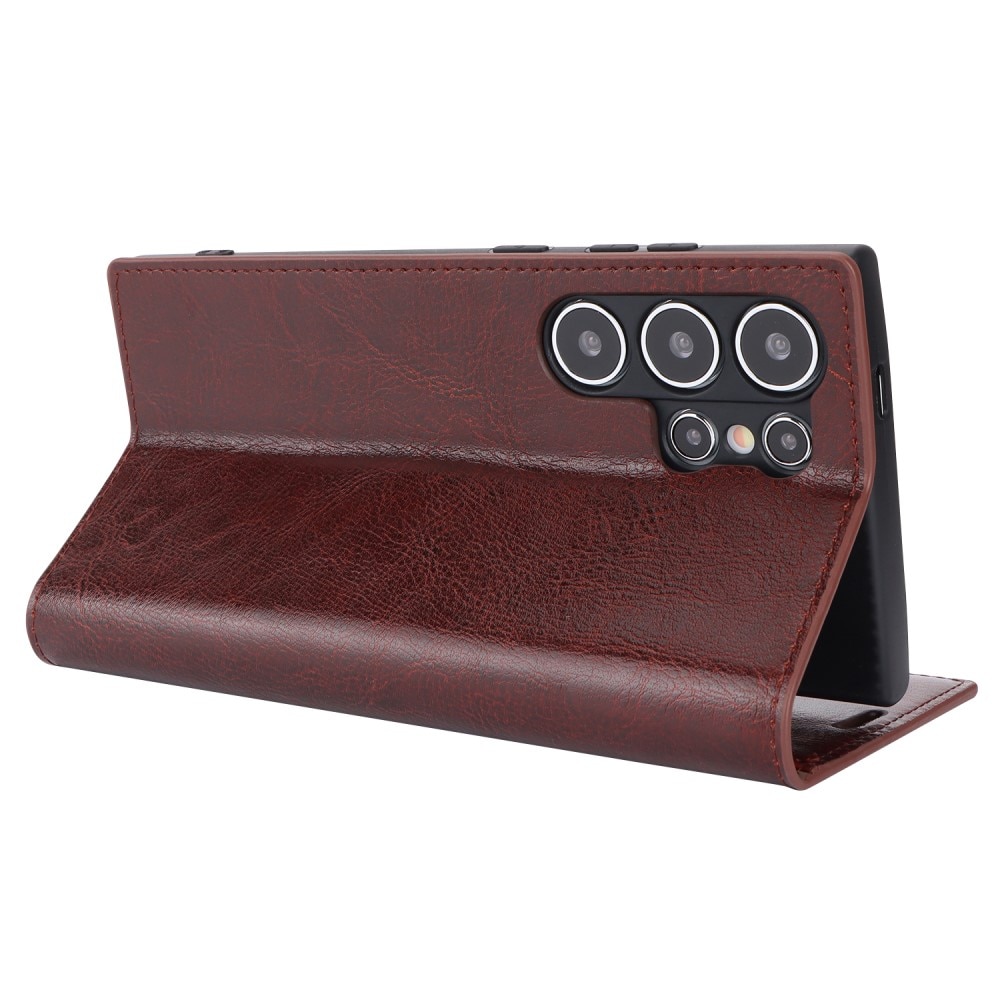 Coque portefeuille en cuir Veritable Samsung Galaxy S25 Ultra, Marron foncé