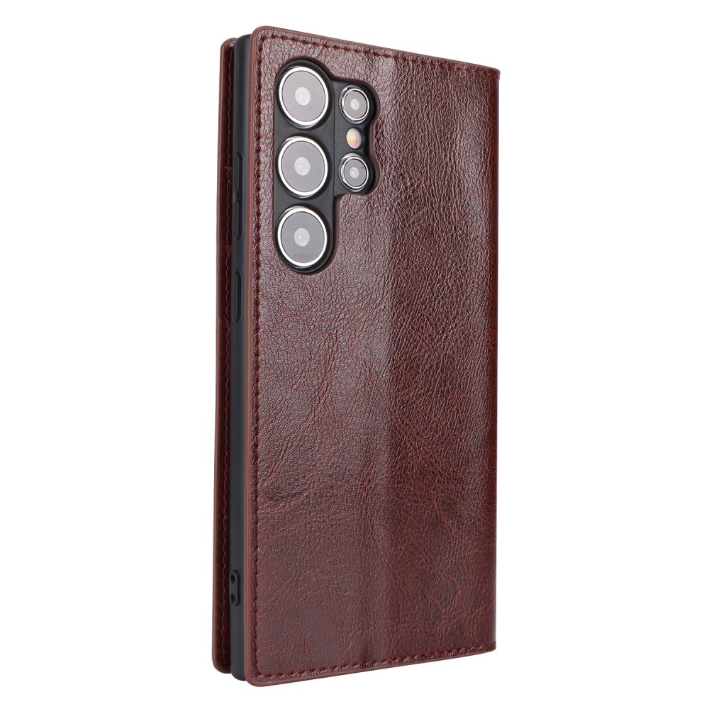 Coque portefeuille en cuir Veritable Samsung Galaxy S24 Ultra, Marron foncé