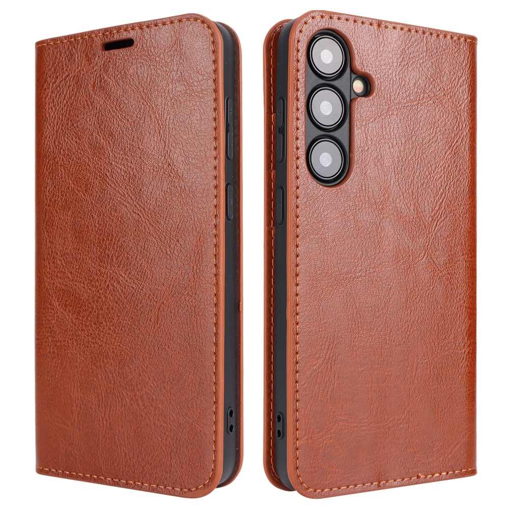 Coque portefeuille en cuir Veritable Samsung Galaxy S25, Marron