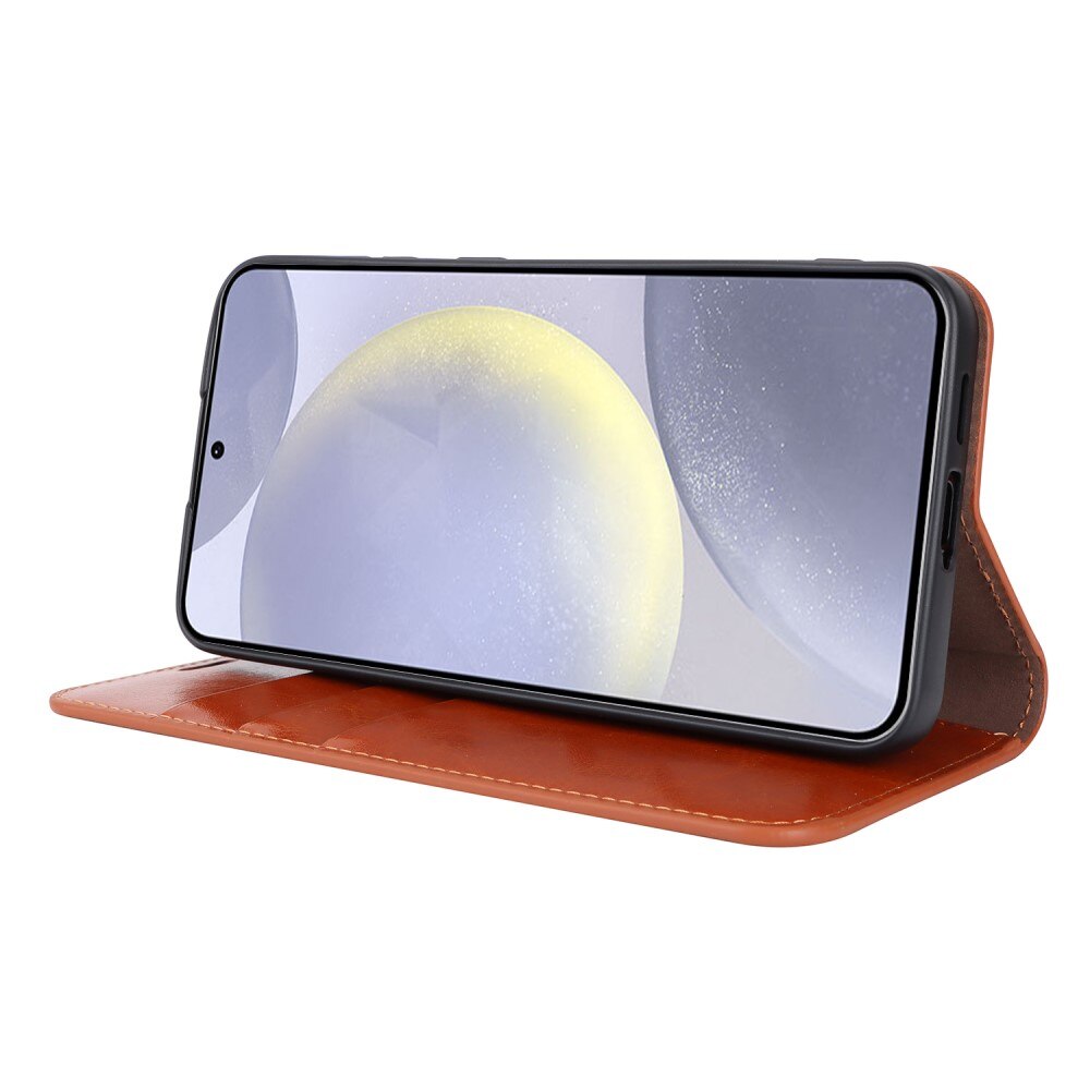 Coque portefeuille en cuir Veritable Samsung Galaxy S25, Marron