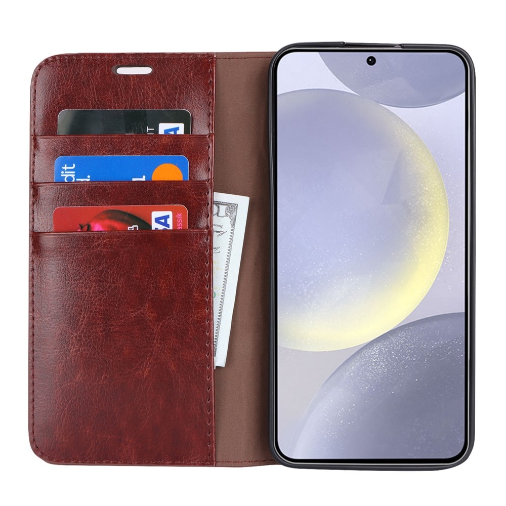 Coque portefeuille en cuir Veritable Samsung Galaxy S24, Marron foncé