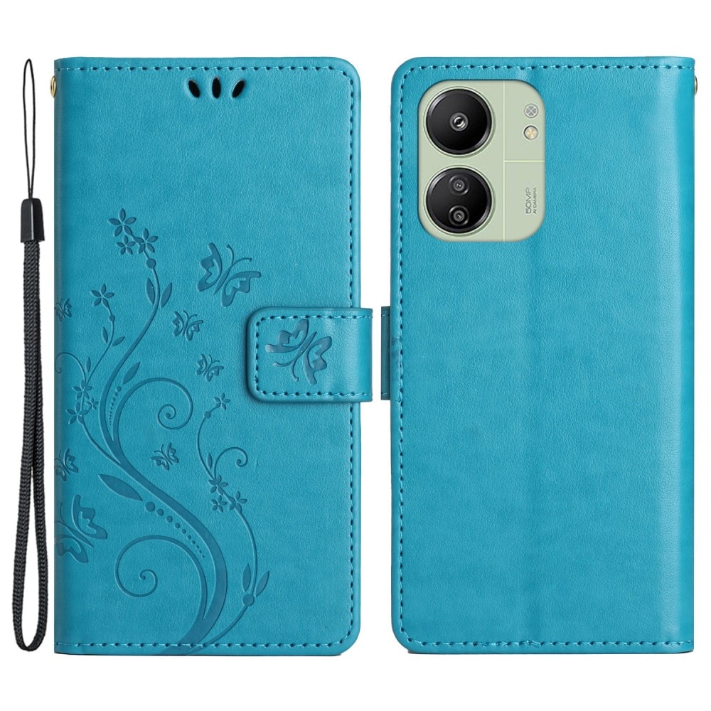 Étui en cuir à papillons pour Xiaomi Redmi 13C, bleu