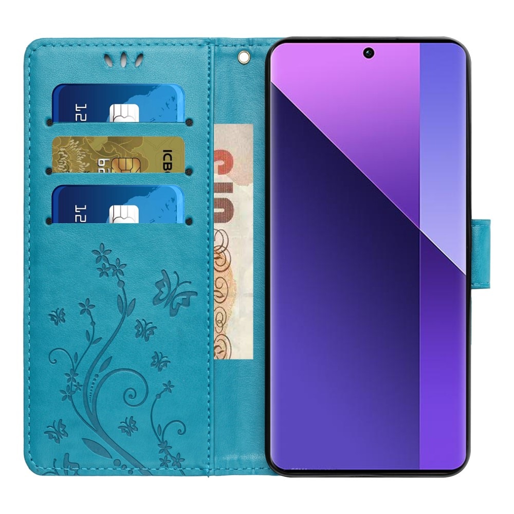 Étui en cuir à papillons pour Xiaomi Redmi 13C, Bleu