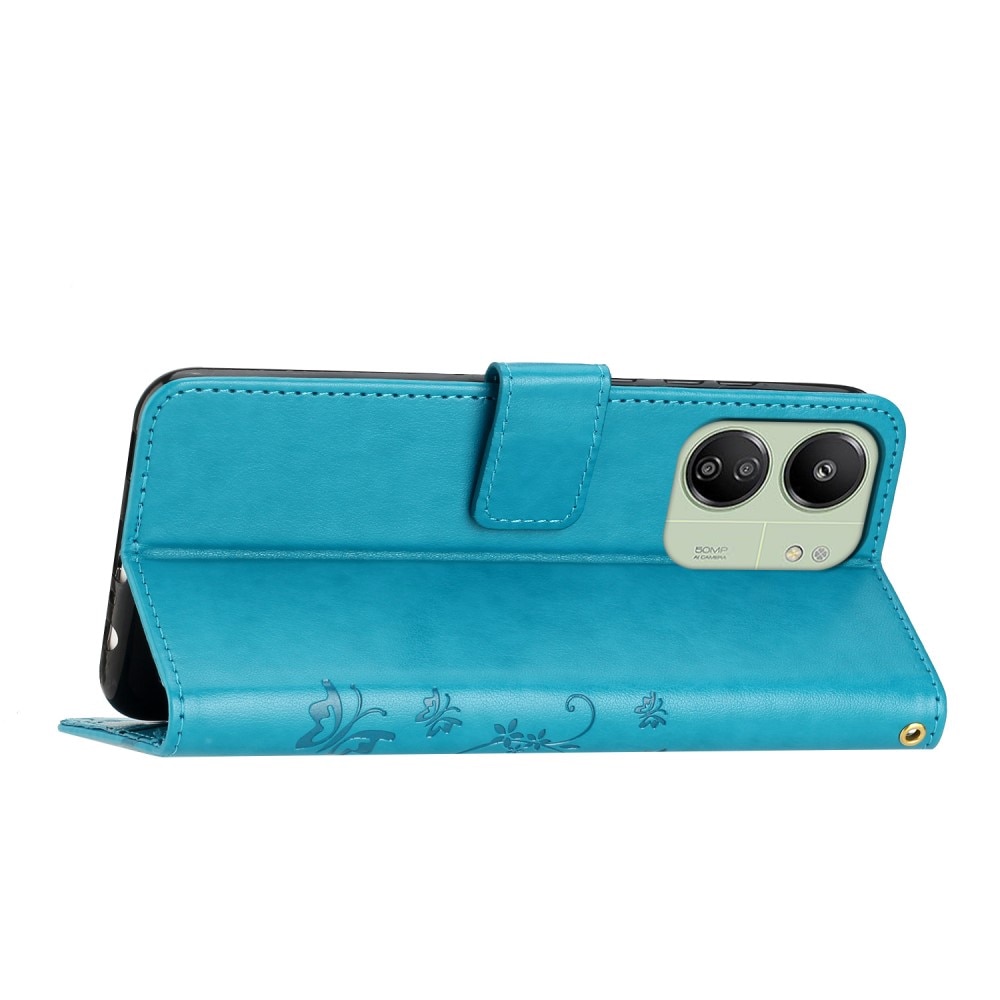 Étui en cuir à papillons pour Xiaomi Redmi 13C, Bleu