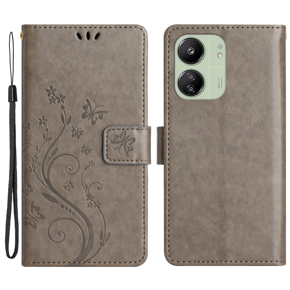 Étui en cuir à papillons pour Xiaomi Redmi 13C, Gris