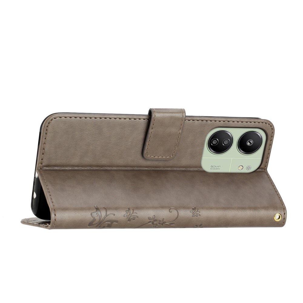 Étui en cuir à papillons pour Xiaomi Redmi 13C, Gris