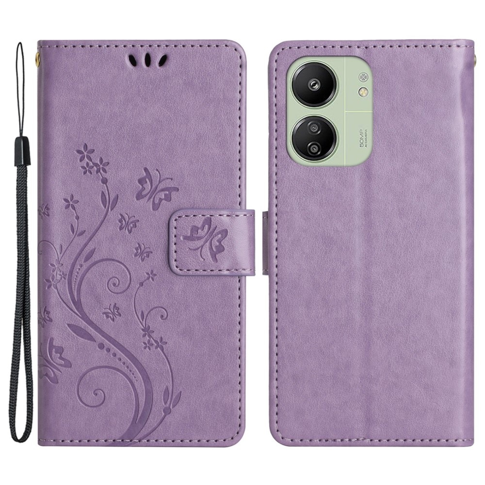 Étui en cuir à papillons pour Xiaomi Redmi 13C, violet