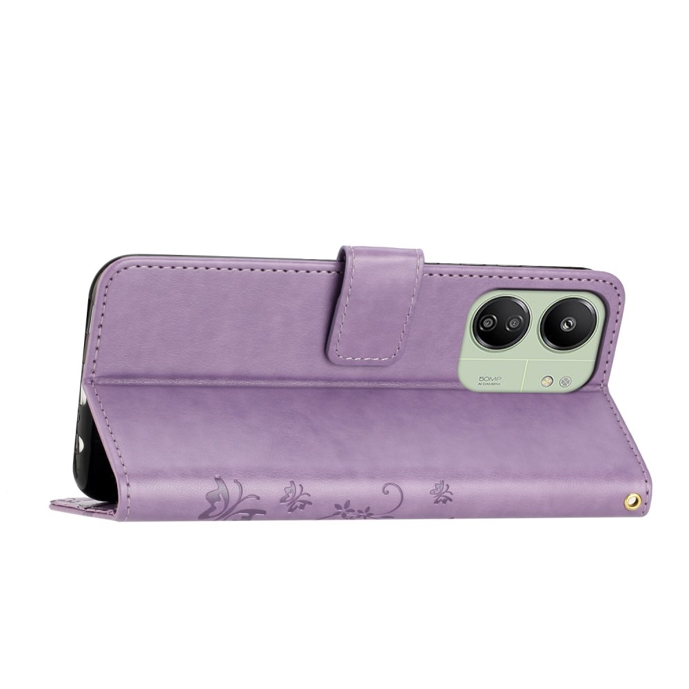 Étui en cuir à papillons pour Xiaomi Redmi 13C, violet