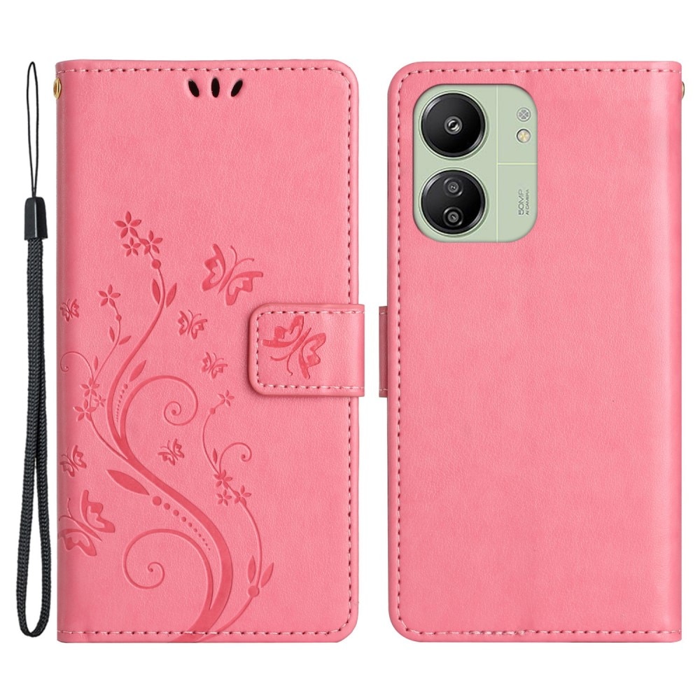 Étui en cuir à papillons pour Xiaomi Redmi 13C, Rose
