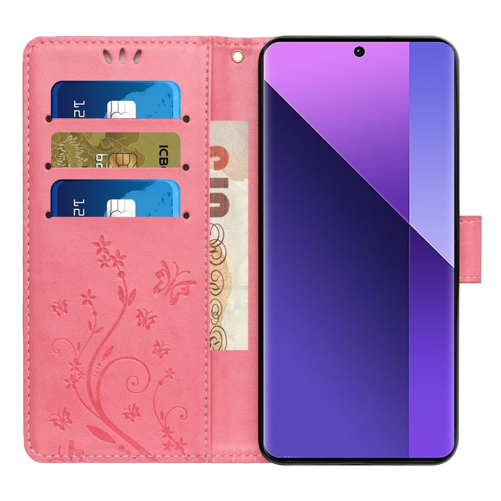 Étui en cuir à papillons pour Xiaomi Redmi 13C, Rose
