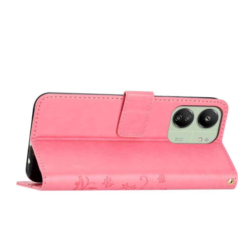 Étui en cuir à papillons pour Xiaomi Redmi 13C, Rose