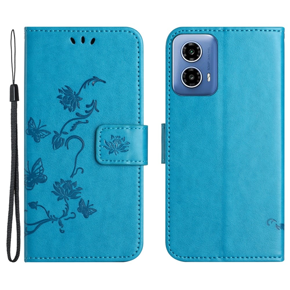 Étui en cuir à papillons pour Motorola Moto E14, Bleu
