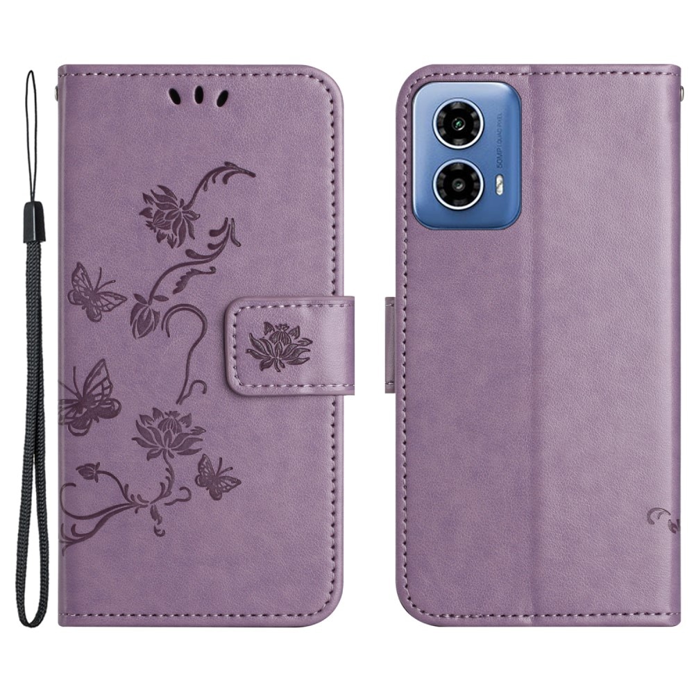 Étui en cuir à papillons pour Motorola Moto E14, Violet