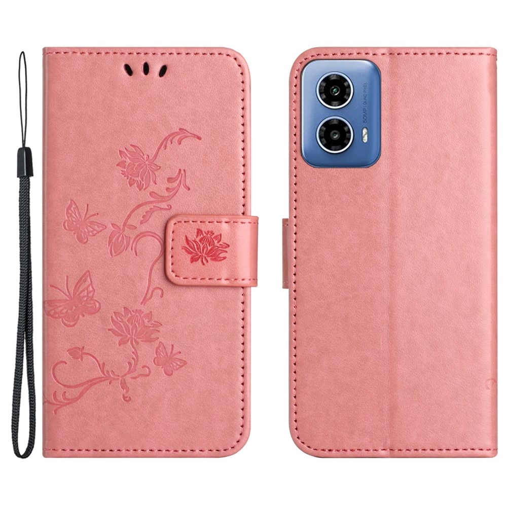 Étui en cuir à papillons pour Motorola Moto E14, Rose
