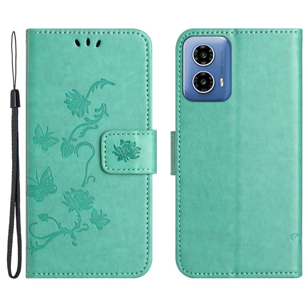Étui en cuir à papillons pour Motorola Moto E14, Vert