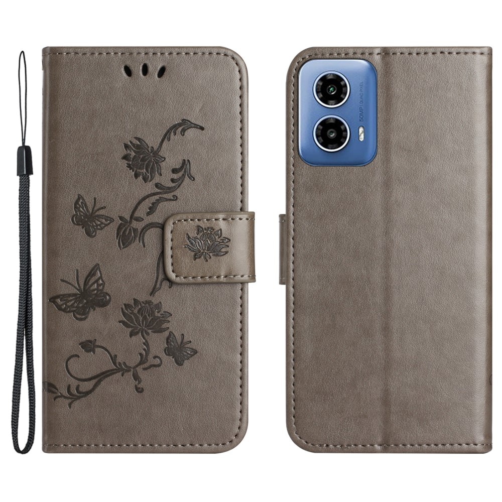 Étui en cuir à papillons pour Motorola Moto G04, Gris