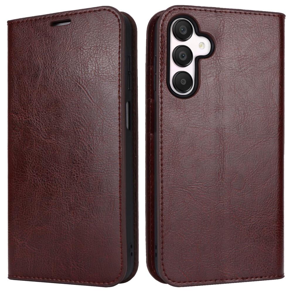 Coque portefeuille en cuir Veritable Samsung Galaxy A15, Marron foncé