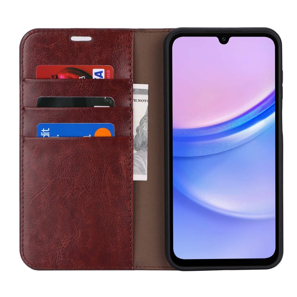 Coque portefeuille en cuir Veritable Samsung Galaxy A15, Marron foncé