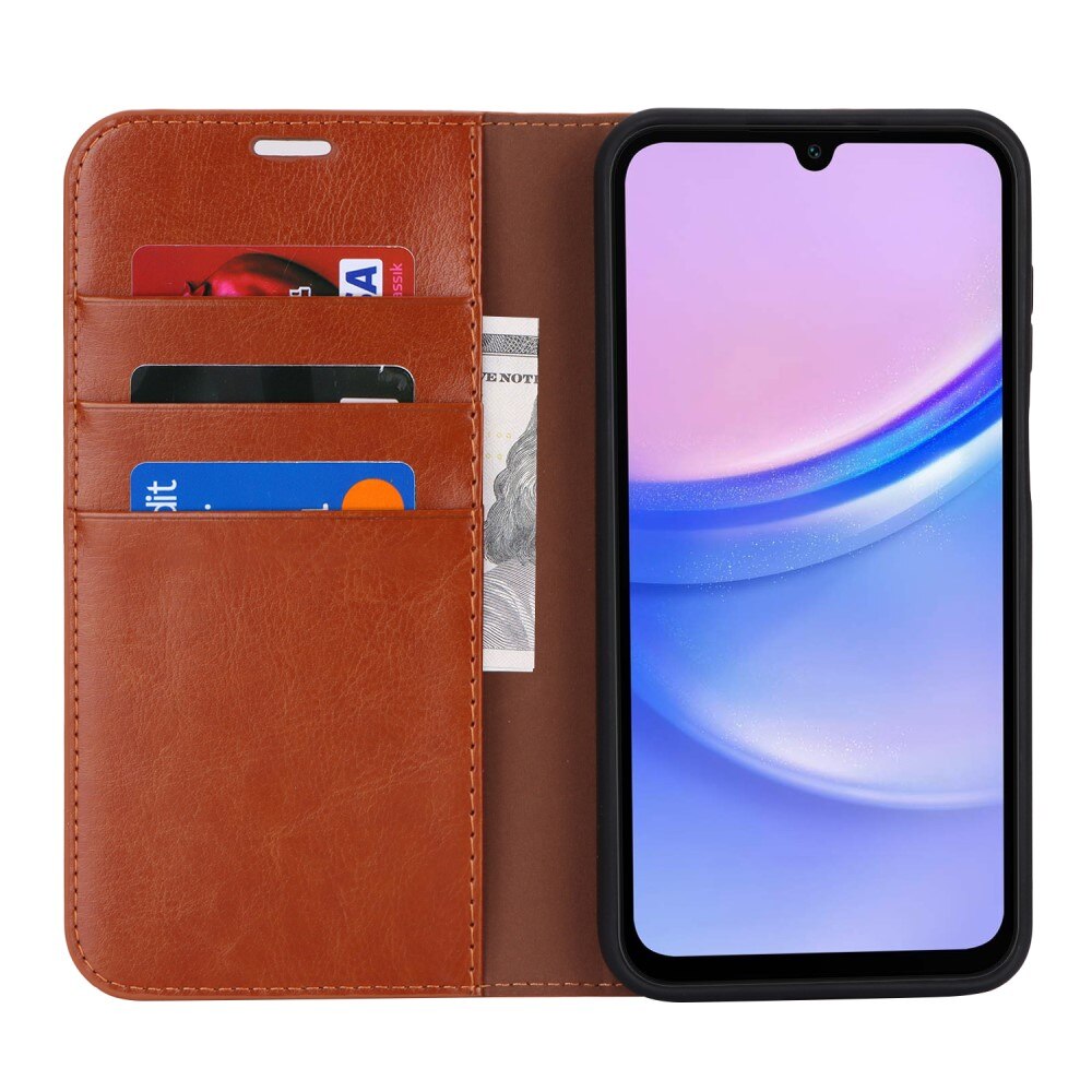 Coque portefeuille en cuir Veritable Samsung Galaxy A15, marron