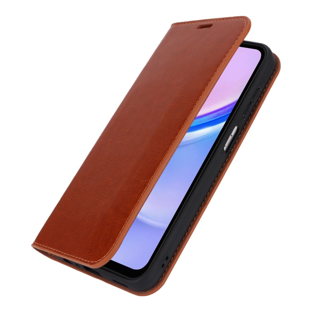 Coque portefeuille en cuir Veritable Samsung Galaxy A15, marron