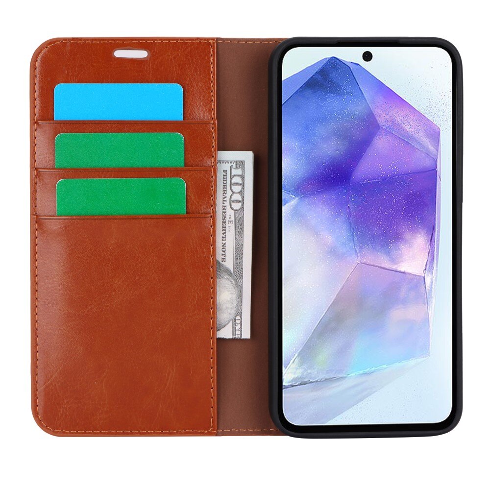 Coque portefeuille en cuir Veritable Samsung Galaxy A55, Marron