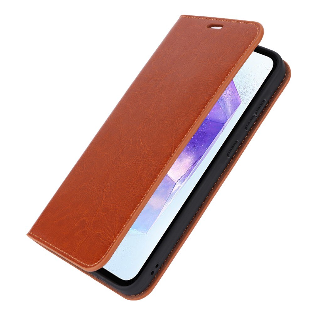 Coque portefeuille en cuir Veritable Samsung Galaxy A55, marron