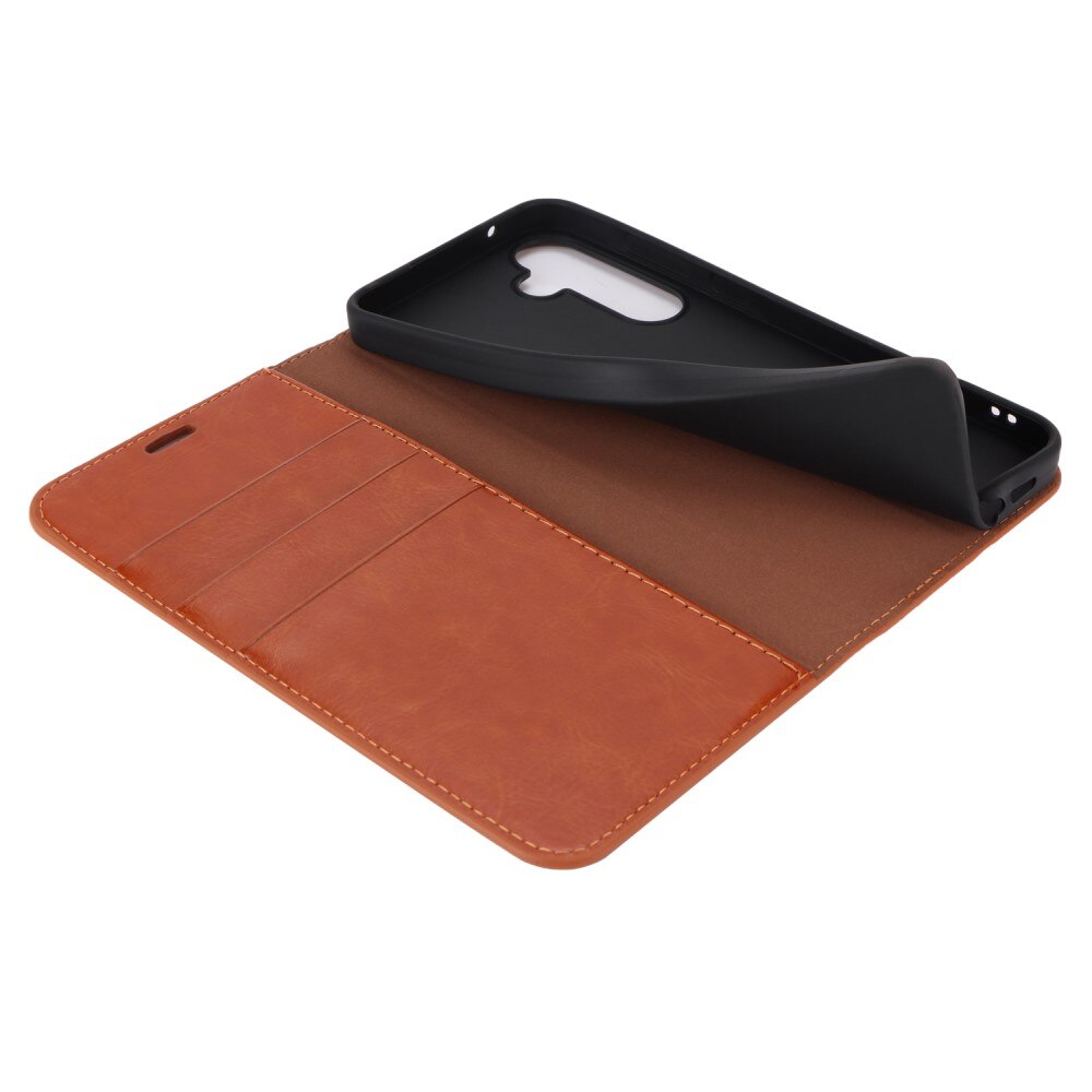 Coque portefeuille en cuir Veritable Samsung Galaxy A55, Marron