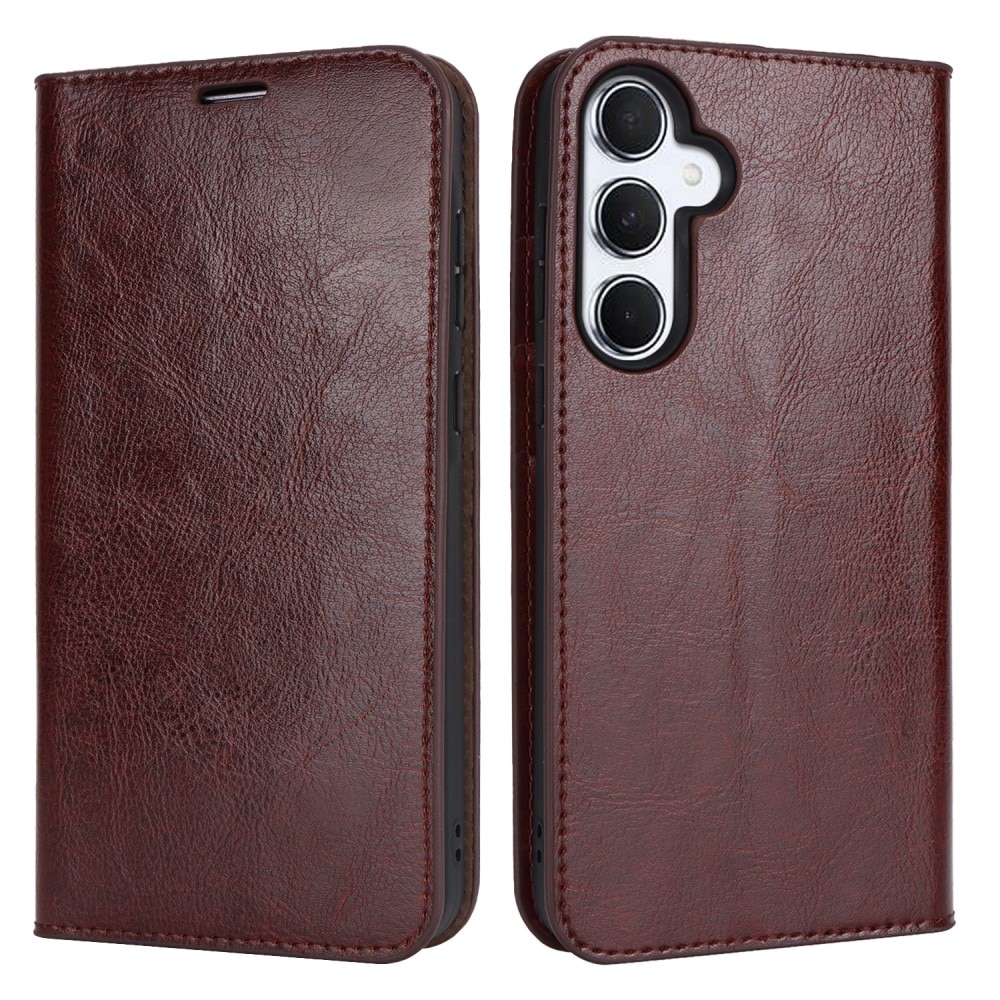 Coque portefeuille en cuir Veritable Samsung Galaxy A55, marron foncé