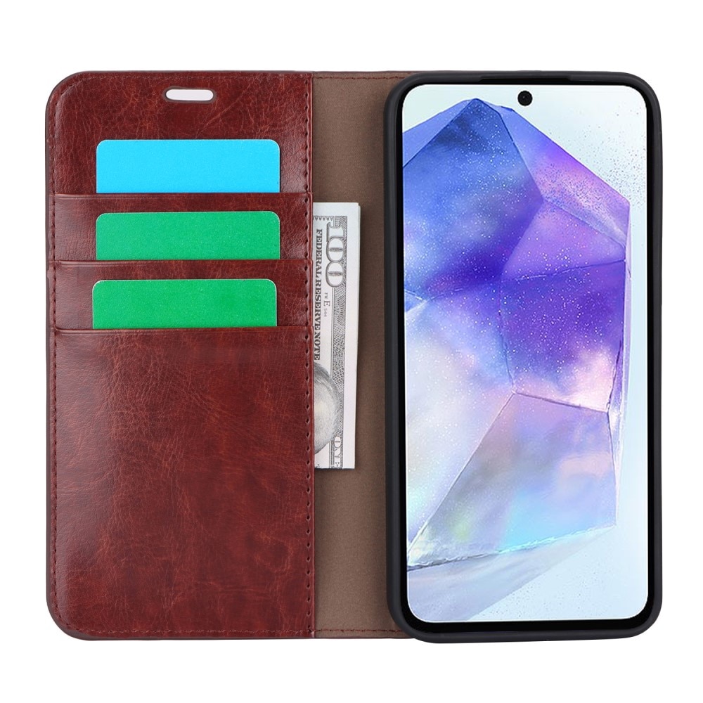 Coque portefeuille en cuir Veritable Samsung Galaxy A55, Marron foncé