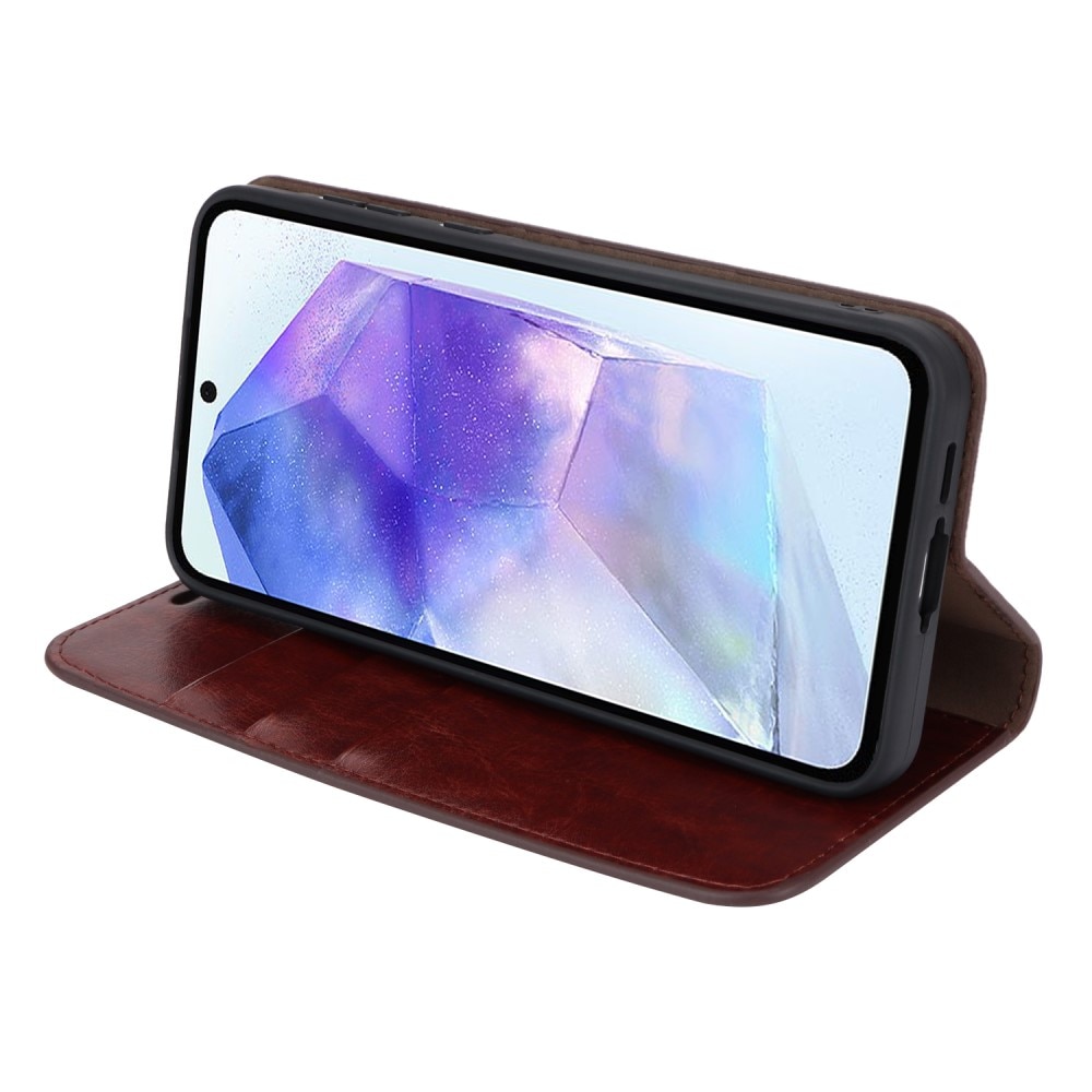 Coque portefeuille en cuir Veritable Samsung Galaxy A55, Marron foncé