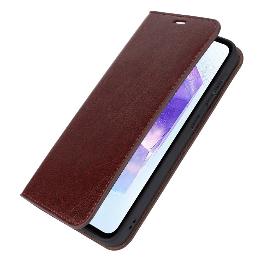 Coque portefeuille en cuir Veritable Samsung Galaxy A55, Marron foncé