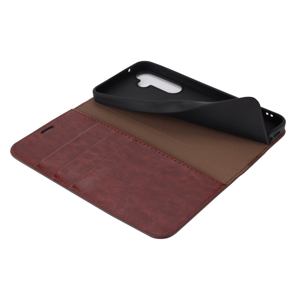 Coque portefeuille en cuir Veritable Samsung Galaxy A55, Marron foncé