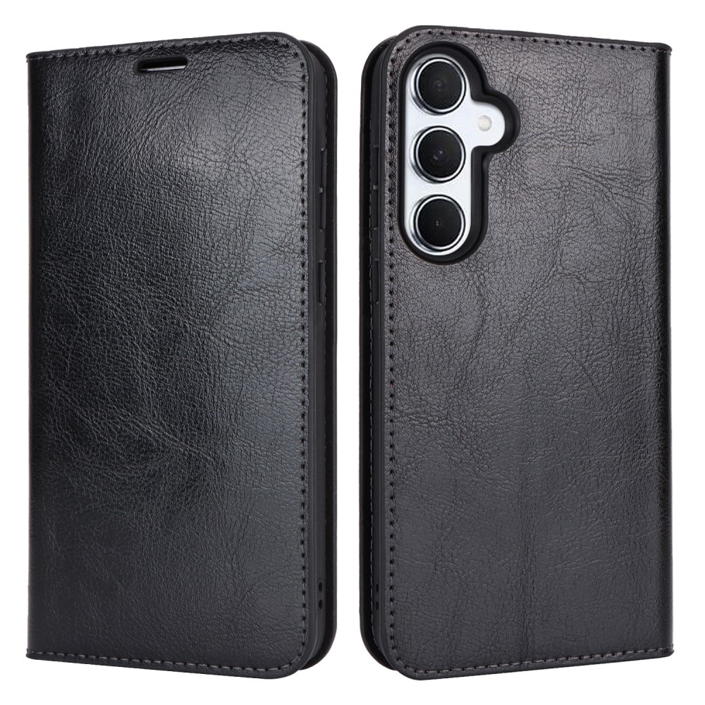 Coque portefeuille en cuir Veritable Samsung Galaxy A55, noir