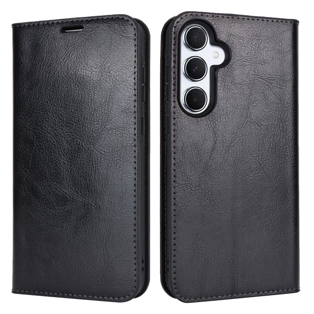 Coque portefeuille en cuir Veritable Samsung Galaxy A55, Noir