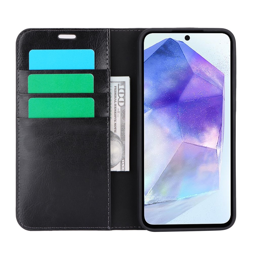 Coque portefeuille en cuir Veritable Samsung Galaxy A55, noir