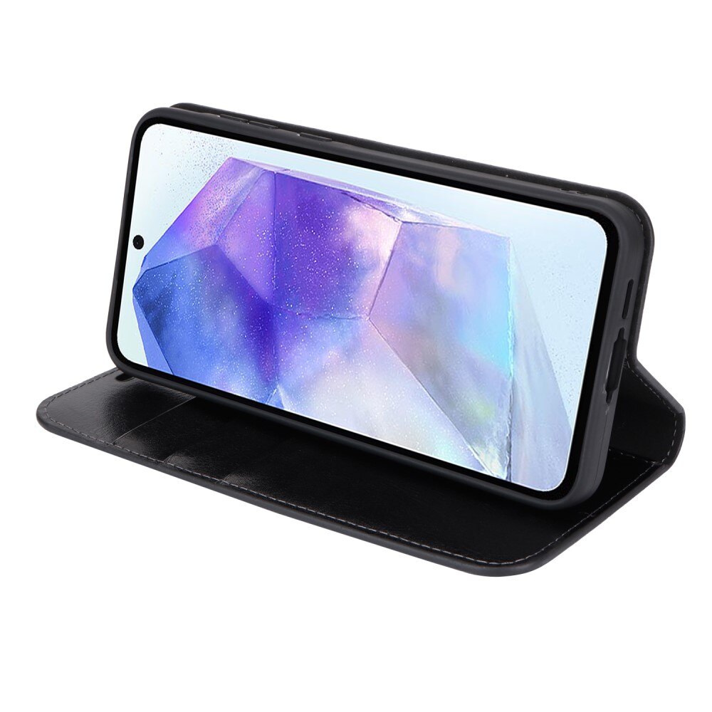 Coque portefeuille en cuir Veritable Samsung Galaxy A55, noir