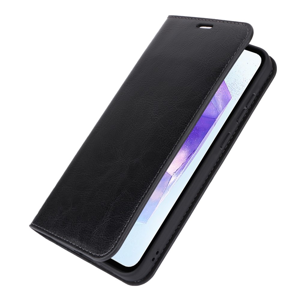 Coque portefeuille en cuir Veritable Samsung Galaxy A55, noir