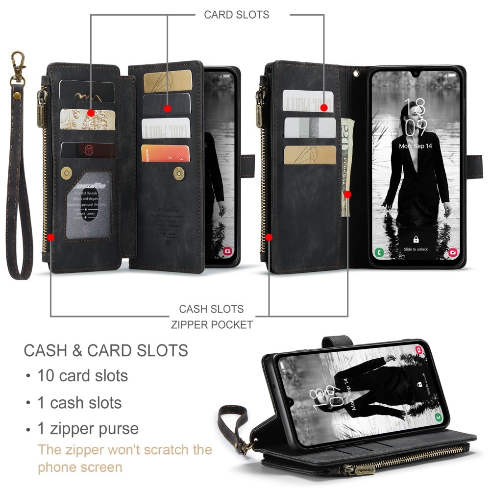 Étui portefeuille à glissière Samsung Galaxy A15, noir