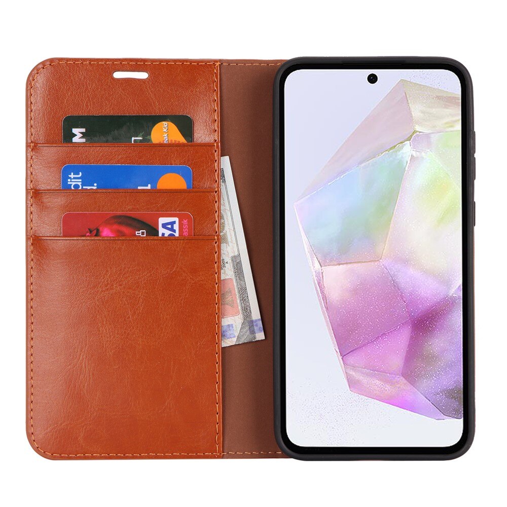 Coque portefeuille en cuir Veritable Samsung Galaxy A35, Marron