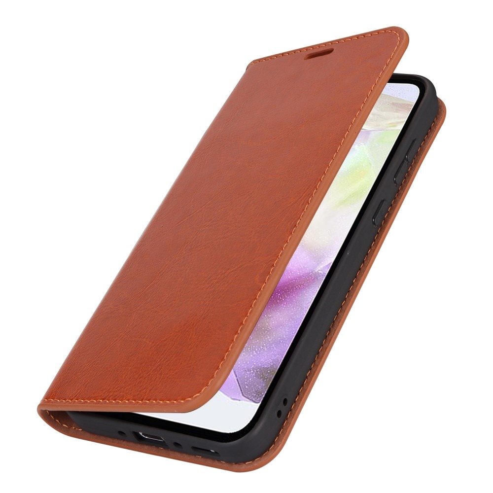 Coque portefeuille en cuir Veritable Samsung Galaxy A35, Marron