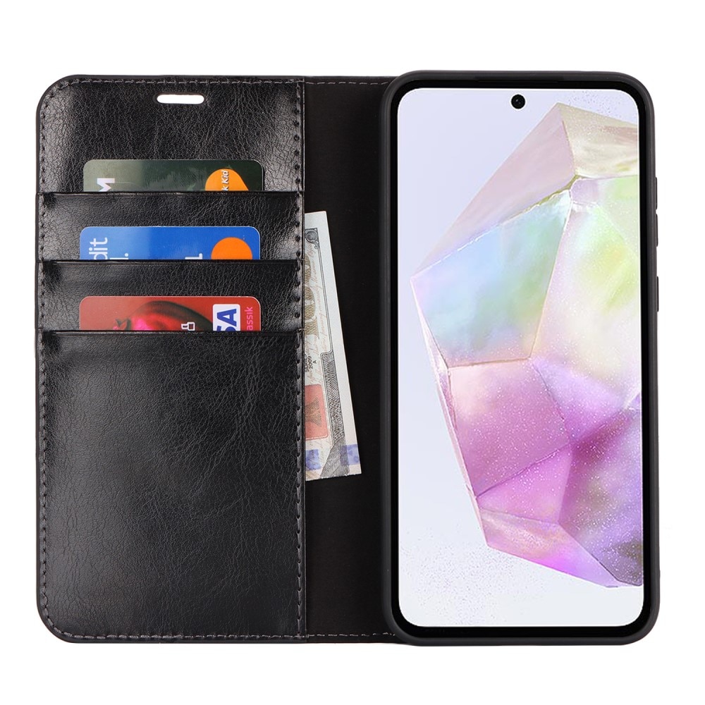 Coque portefeuille en cuir Veritable Samsung Galaxy A35, Noir