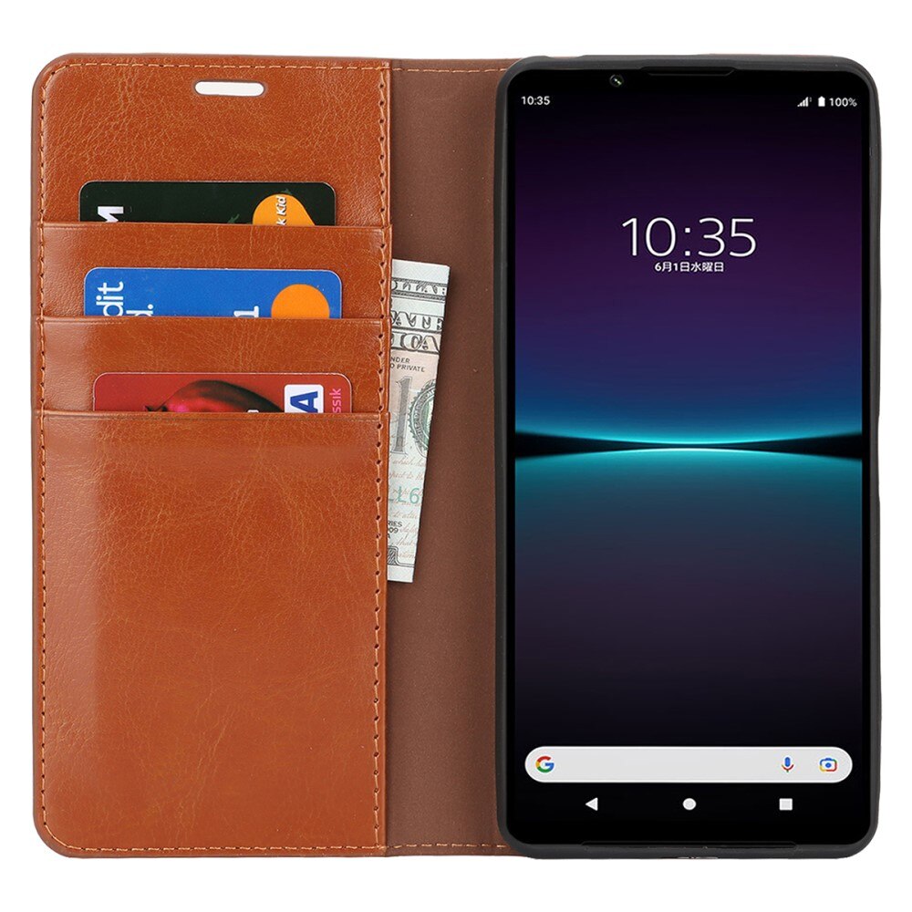 Coque portefeuille en cuir Veritable Sony Xperia 1 VI, marron