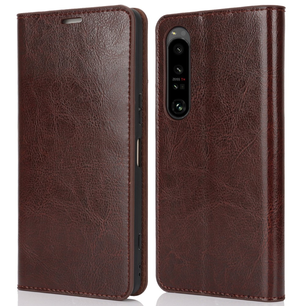 Coque portefeuille en cuir Veritable Sony Xperia 1 VI, Marron foncé